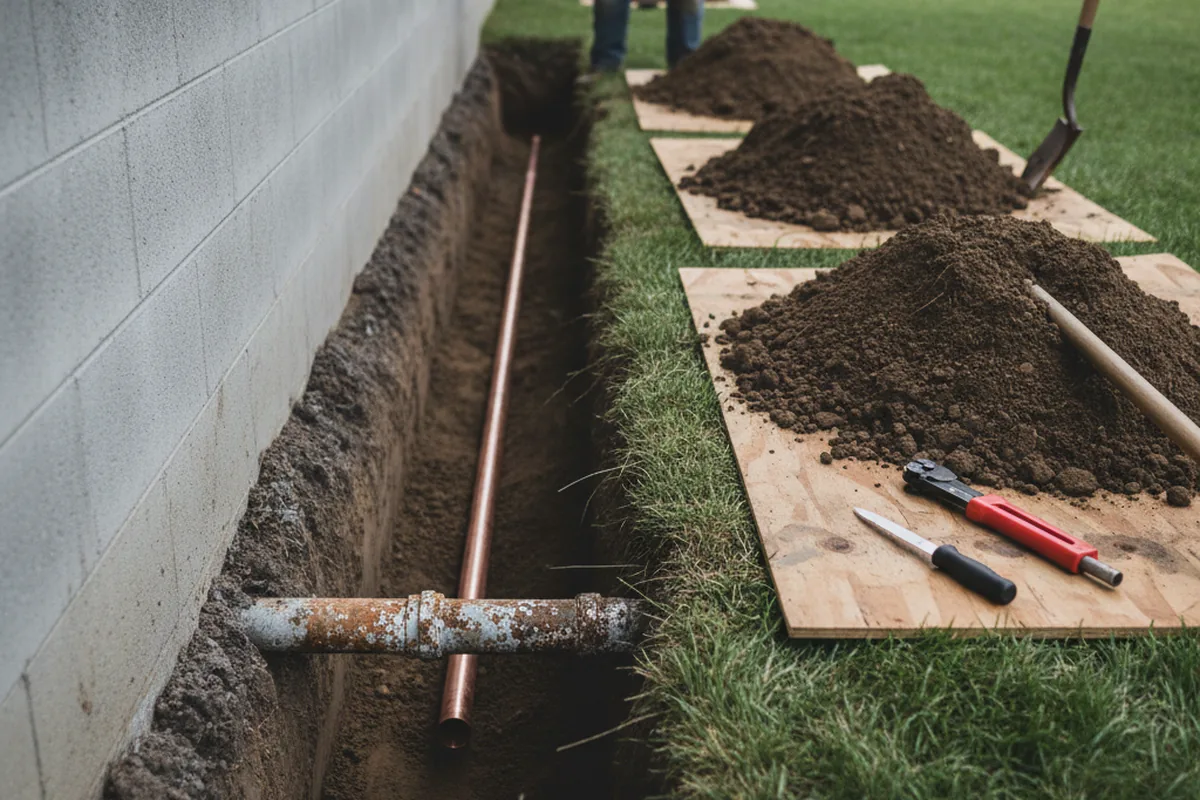 Excavated water line trench during Water Heater Repair in Colgate